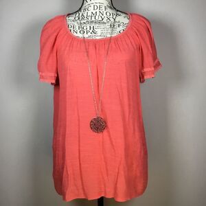 Coral gauzy wide weave semi sheer short sleeve top beachy spring summer floaty S